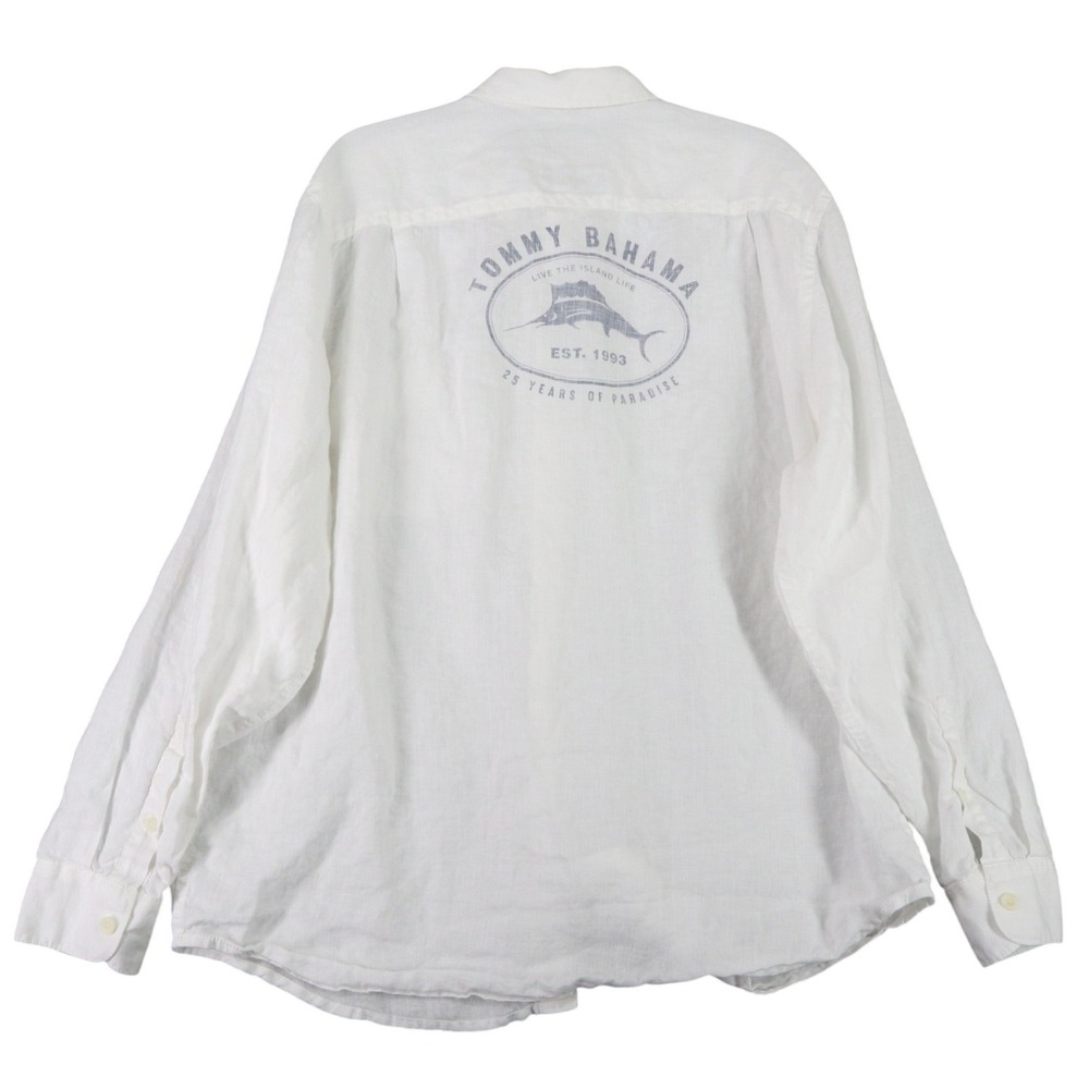 Tommy‎ Bahama Linen 25th Anniversary Shirt Mens XL White Vacation Resort Relax